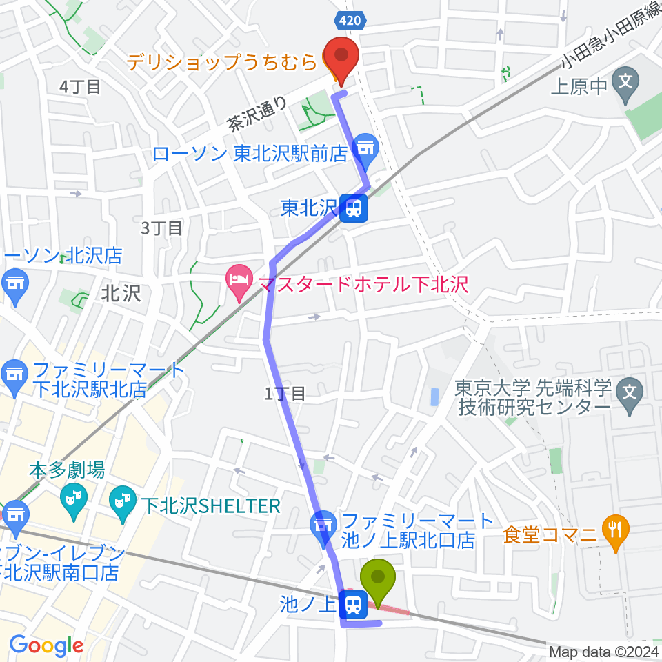 池ノ上駅から北沢三丁目スタジオへのルートマップ地図