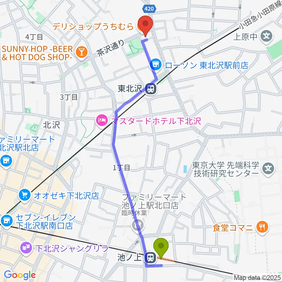 池ノ上駅から北沢三丁目スタジオへのルートマップ地図