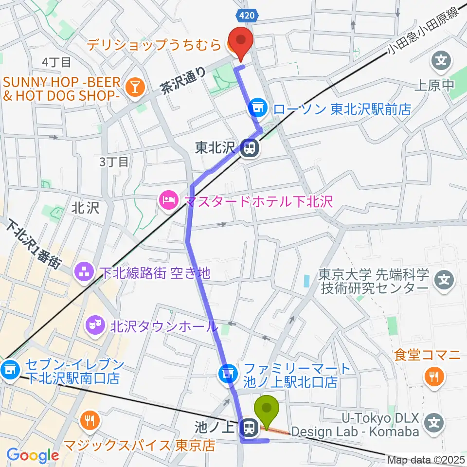 池ノ上駅から北沢三丁目スタジオへのルートマップ地図