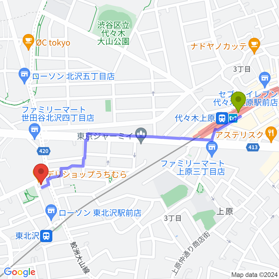 代々木上原駅から北沢三丁目スタジオへのルートマップ地図
