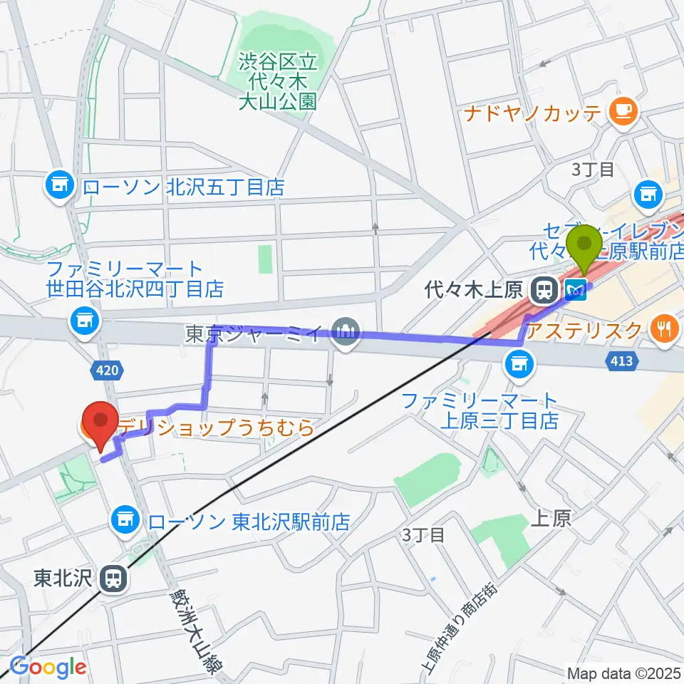 代々木上原駅から北沢三丁目スタジオへのルートマップ地図