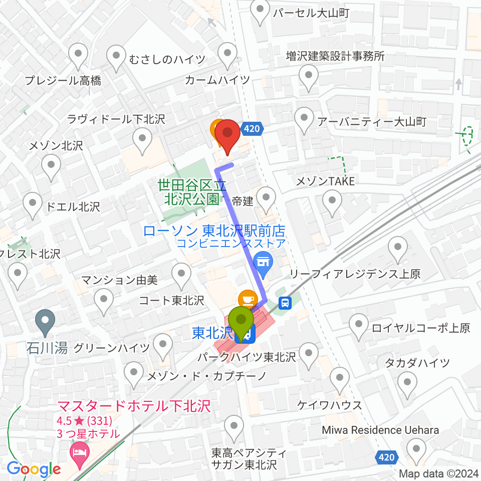 北沢三丁目スタジオの最寄駅東北沢駅からの徒歩ルート（約3分）地図