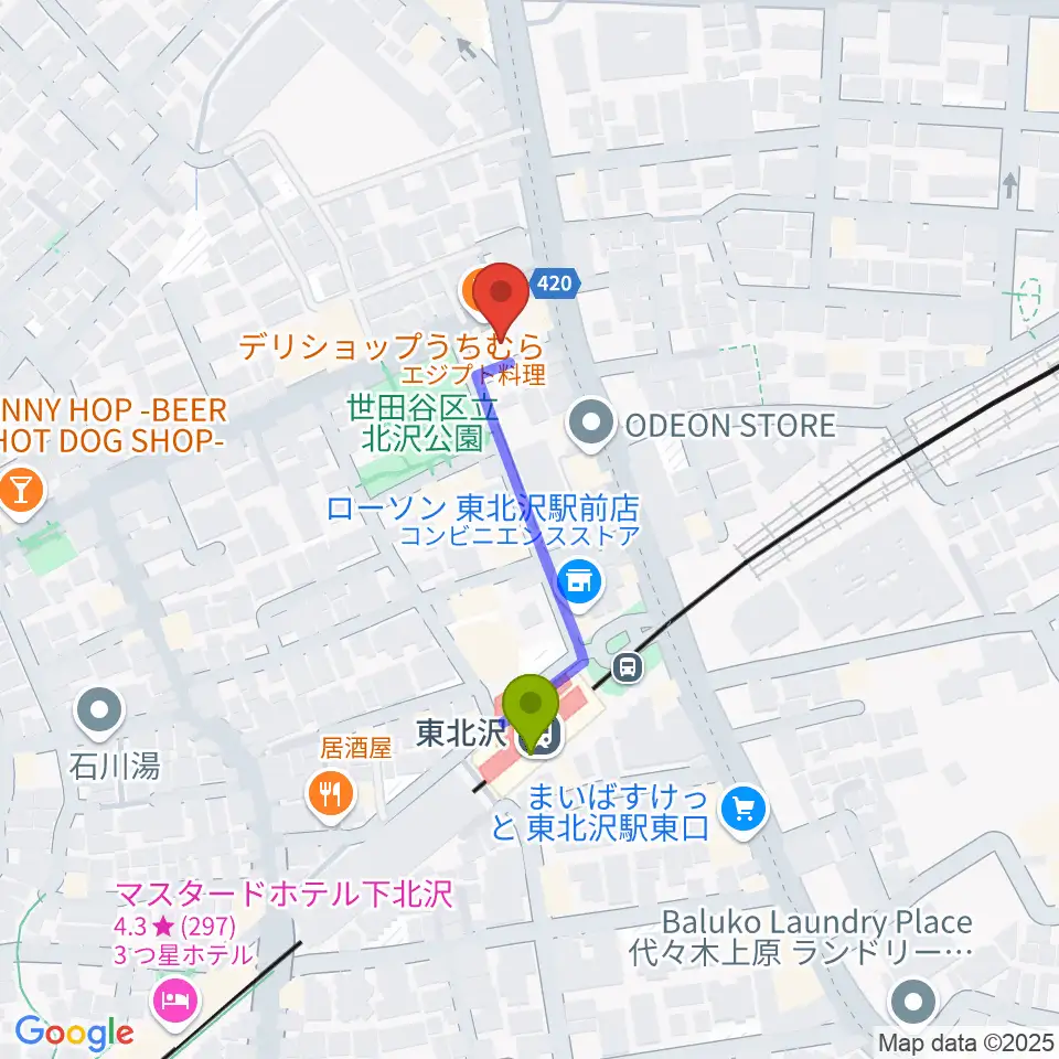 北沢三丁目スタジオの最寄駅東北沢駅からの徒歩ルート（約3分）地図