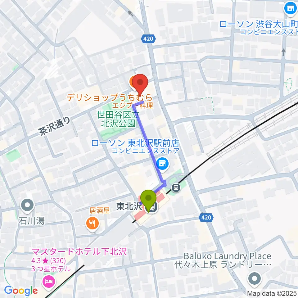 北沢三丁目スタジオの最寄駅東北沢駅からの徒歩ルート（約3分）地図