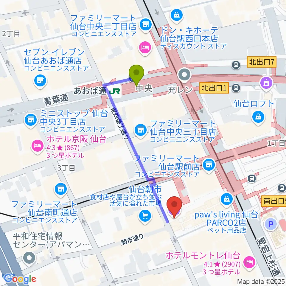 TOHOシネマズ仙台の最寄駅あおば通駅からの徒歩ルート（約4分）地図