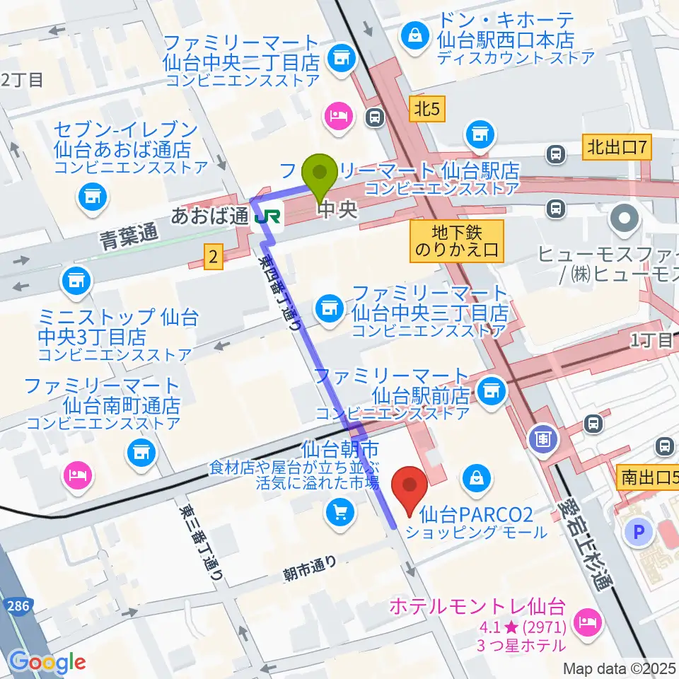TOHOシネマズ仙台の最寄駅あおば通駅からの徒歩ルート（約4分）地図