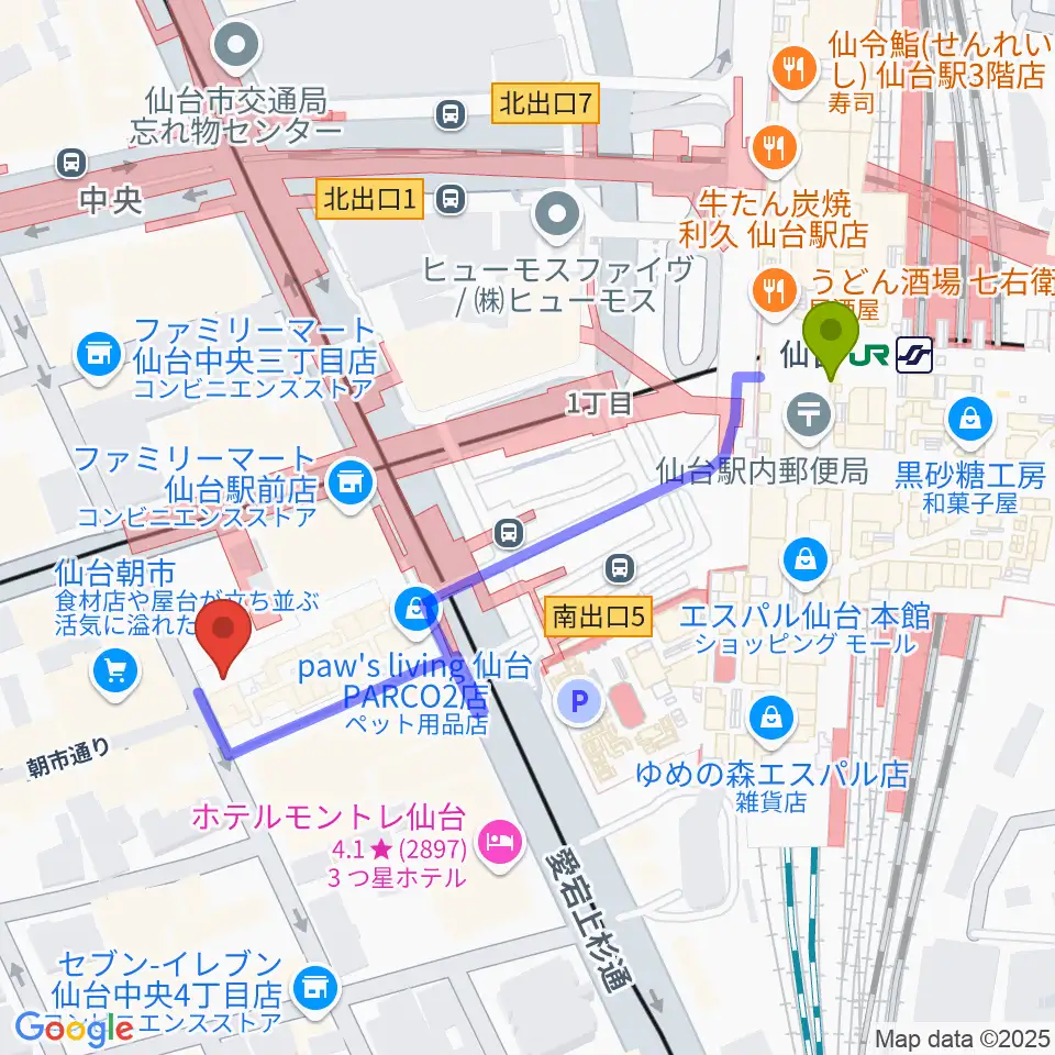 仙台駅からTOHOシネマズ仙台へのルートマップ地図