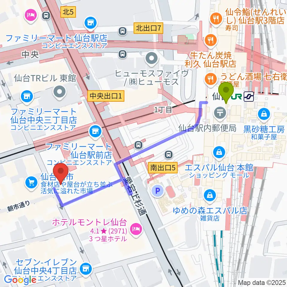 仙台駅からTOHOシネマズ仙台へのルートマップ地図