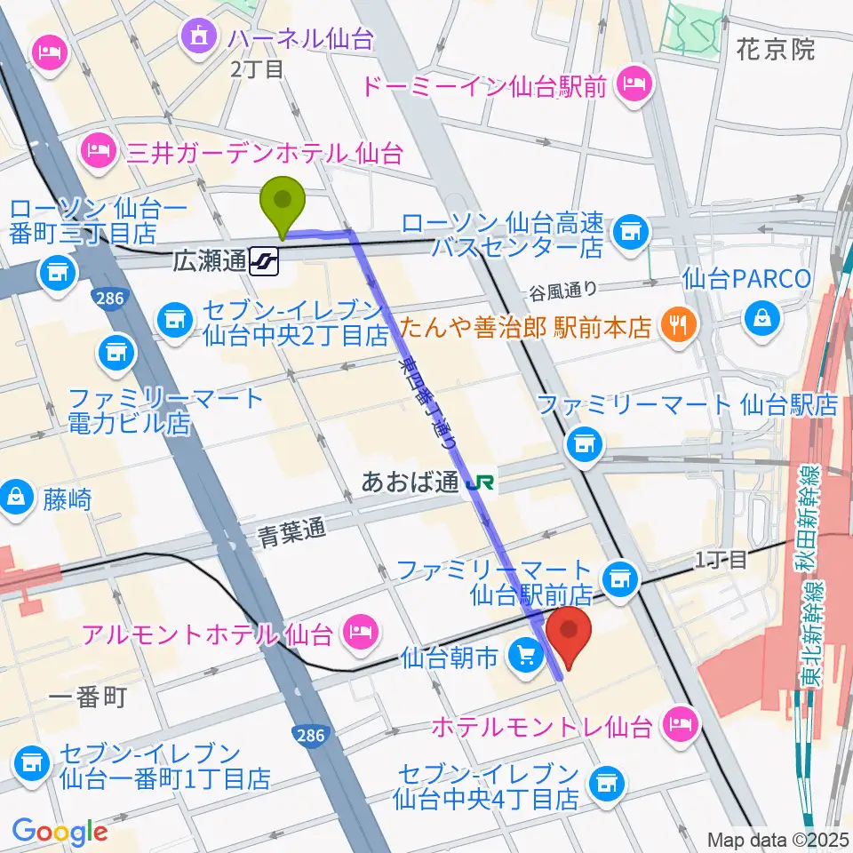 広瀬通駅からTOHOシネマズ仙台へのルートマップ地図