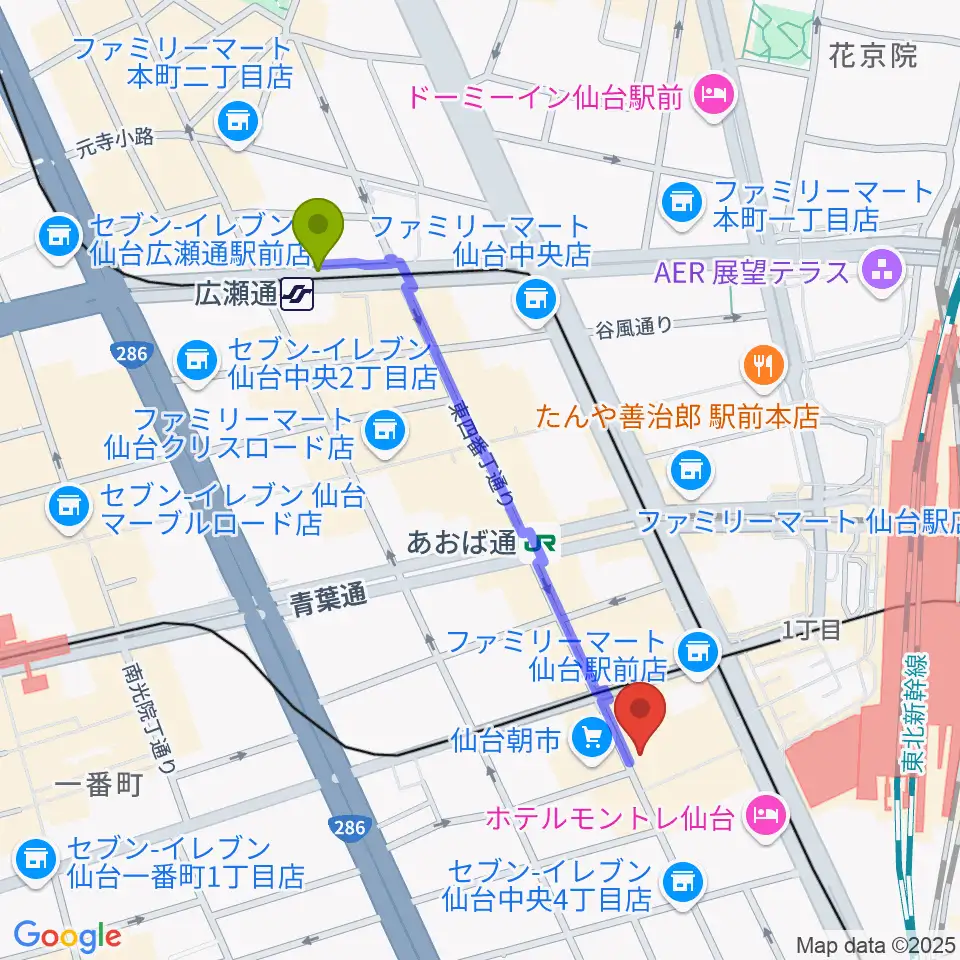 広瀬通駅からTOHOシネマズ仙台へのルートマップ地図