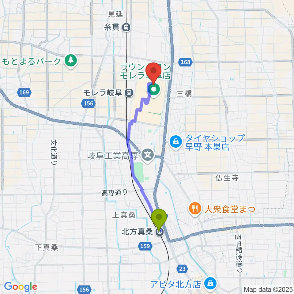 北方真桑駅からTOHOシネマズ モレラ岐阜へのルートマップ地図