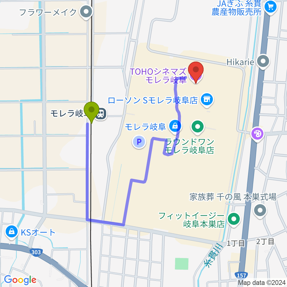 TOHOシネマズ モレラ岐阜の最寄駅モレラ岐阜駅からの徒歩ルート（約6分）地図