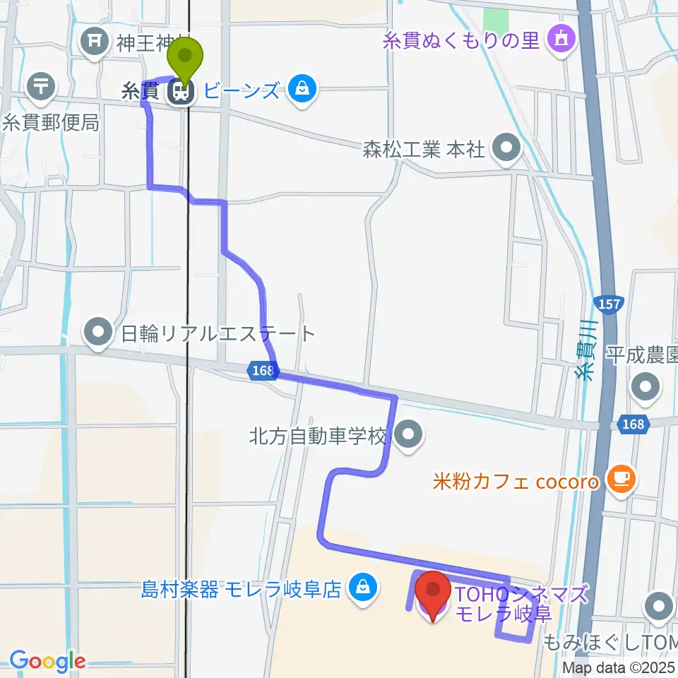 糸貫駅からTOHOシネマズ モレラ岐阜へのルートマップ地図