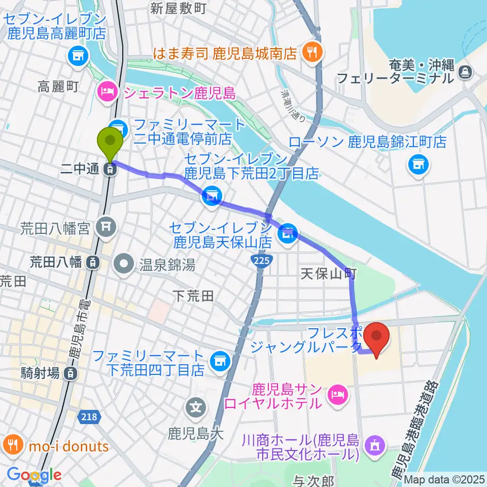 二中通駅からTOHOシネマズ与次郎へのルートマップ地図