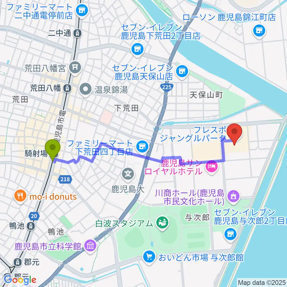 騎射場駅からTOHOシネマズ与次郎へのルートマップ地図