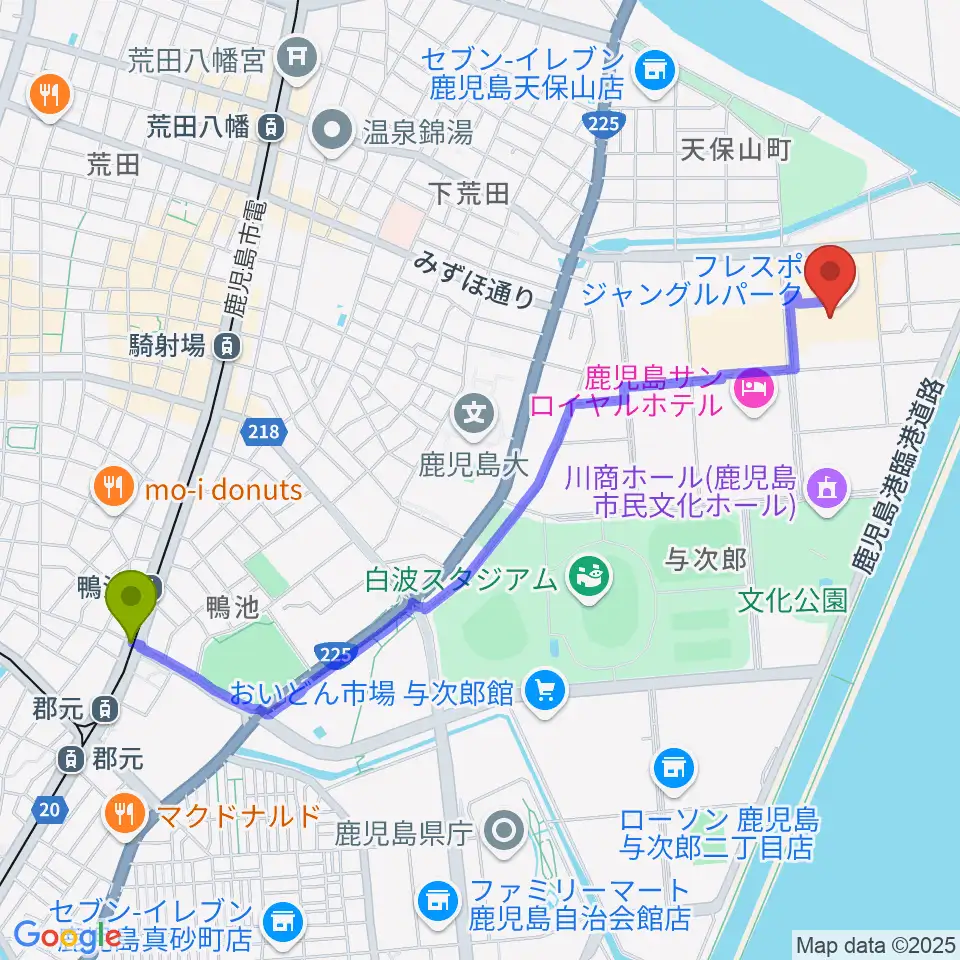 鴨池駅からTOHOシネマズ与次郎へのルートマップ地図