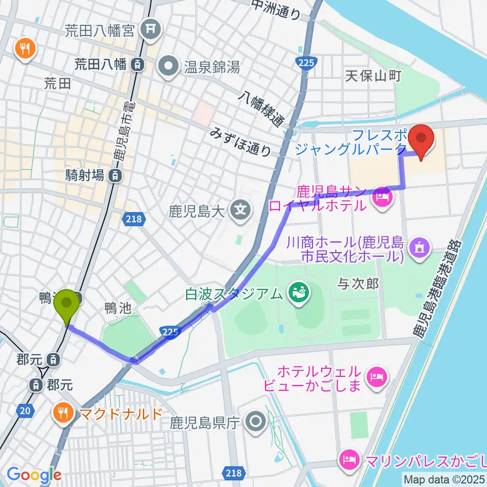 鴨池駅からTOHOシネマズ与次郎へのルートマップ地図