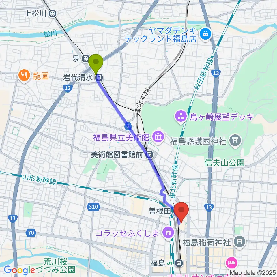 岩代清水駅からイオンシネマ福島へのルートマップ地図