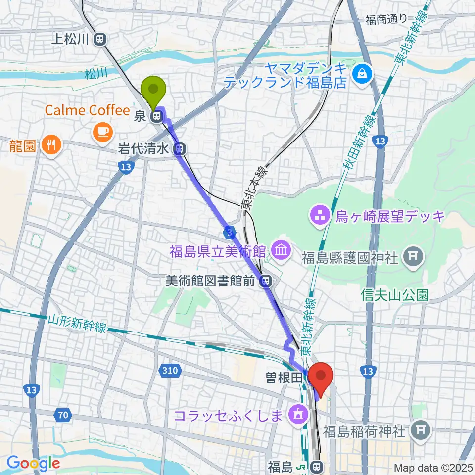 泉駅からイオンシネマ福島へのルートマップ地図