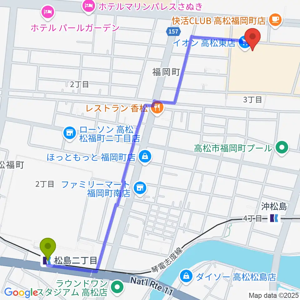 松島二丁目駅からイオンシネマ高松東へのルートマップ地図