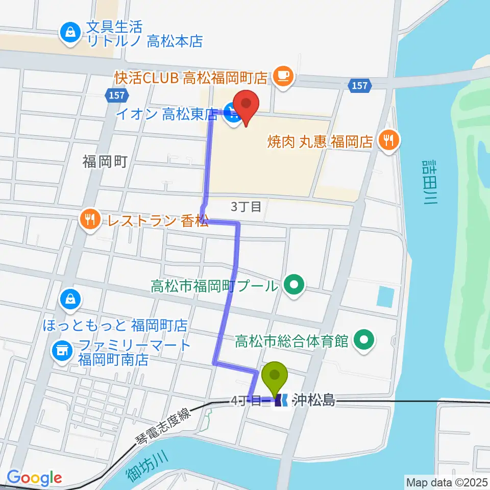 イオンシネマ高松東の最寄駅沖松島駅からの徒歩ルート（約9分）地図