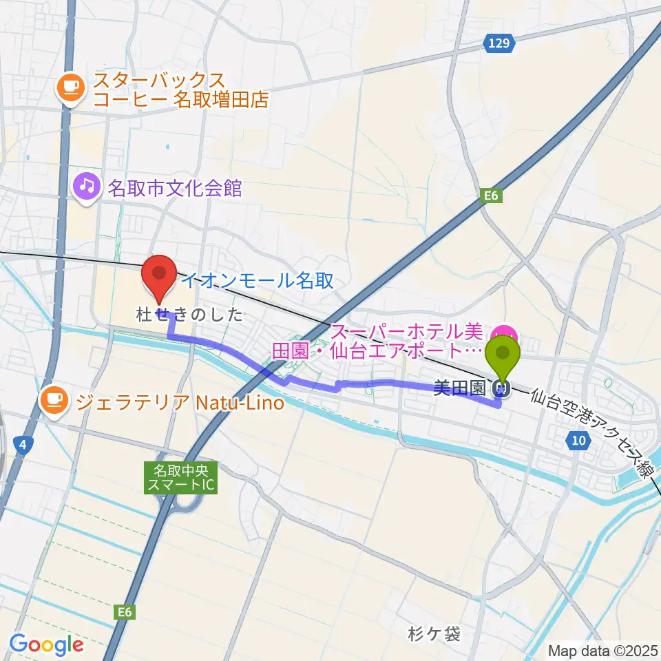 美田園駅からイオンシネマ名取へのルートマップ地図