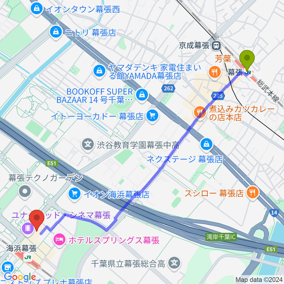 幕張駅からユナイテッド・シネマ幕張へのルートマップ地図