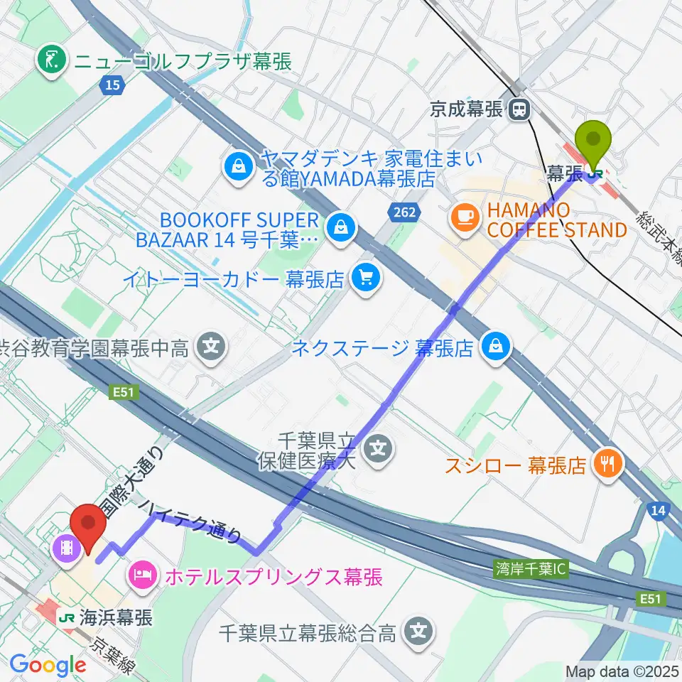 幕張駅からユナイテッド・シネマ幕張へのルートマップ地図