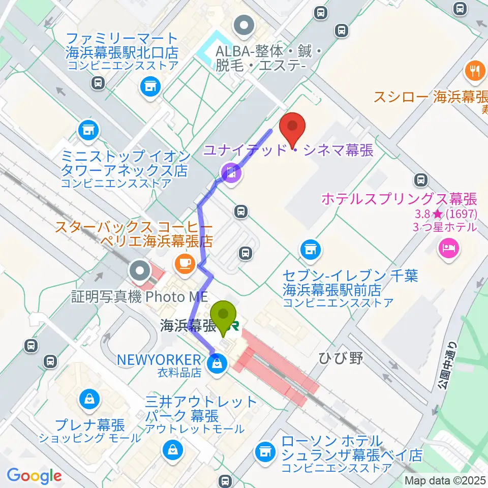 ユナイテッド・シネマ幕張の最寄駅海浜幕張駅からの徒歩ルート（約3分） Mdata