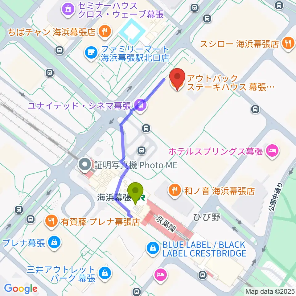 ユナイテッド・シネマ幕張の最寄駅海浜幕張駅からの徒歩ルート（約3分）地図
