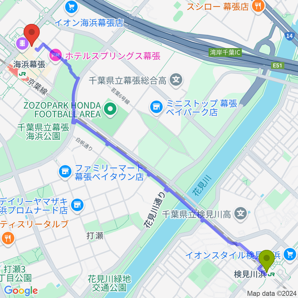 検見川浜駅からユナイテッド・シネマ幕張へのルートマップ地図