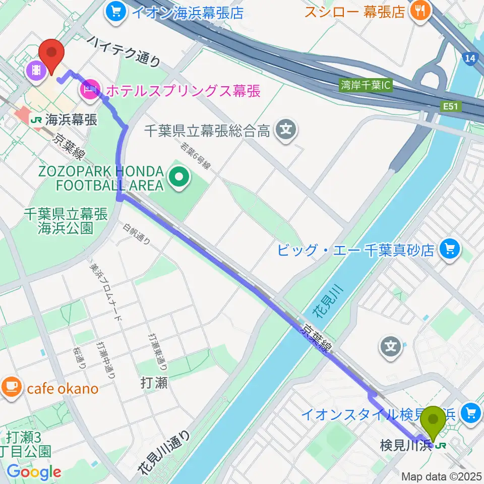 検見川浜駅からユナイテッド・シネマ幕張へのルートマップ地図