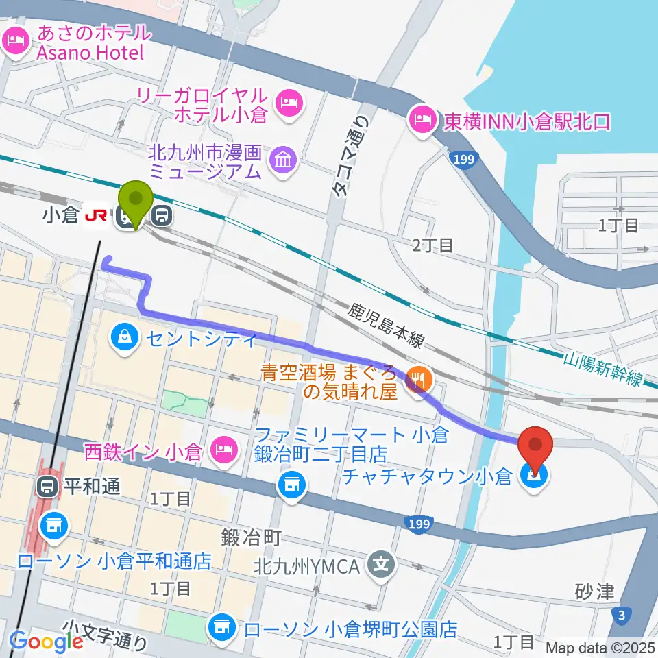 シネプレックス小倉の最寄駅小倉駅からの徒歩ルート（約11分）地図