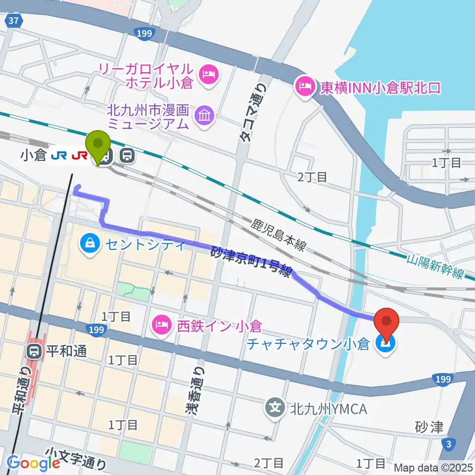 ローソン・ユナイテッドシネマ小倉の最寄駅小倉駅からの徒歩ルート（約11分）地図