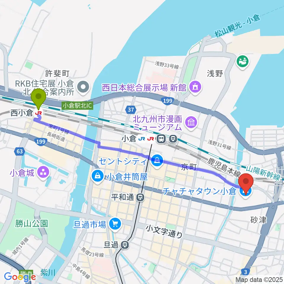 西小倉駅からシネプレックス小倉へのルートマップ地図