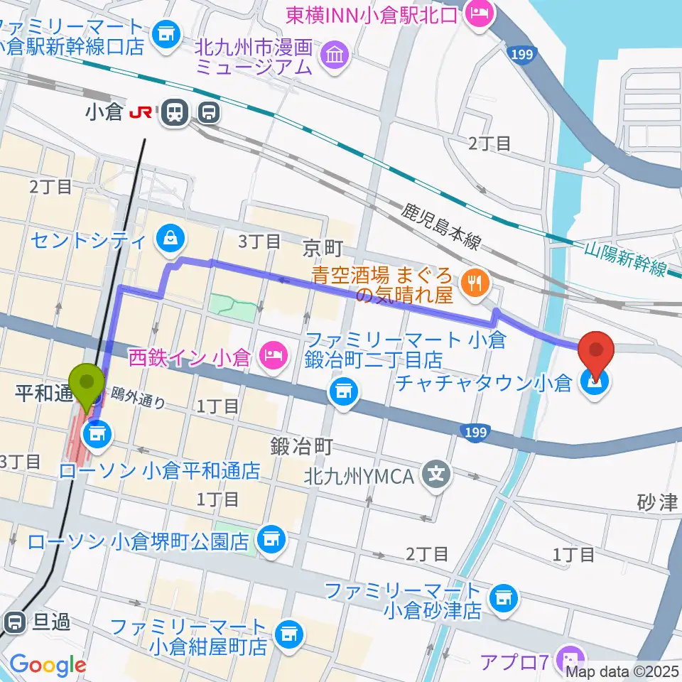 平和通駅からシネプレックス小倉へのルートマップ地図