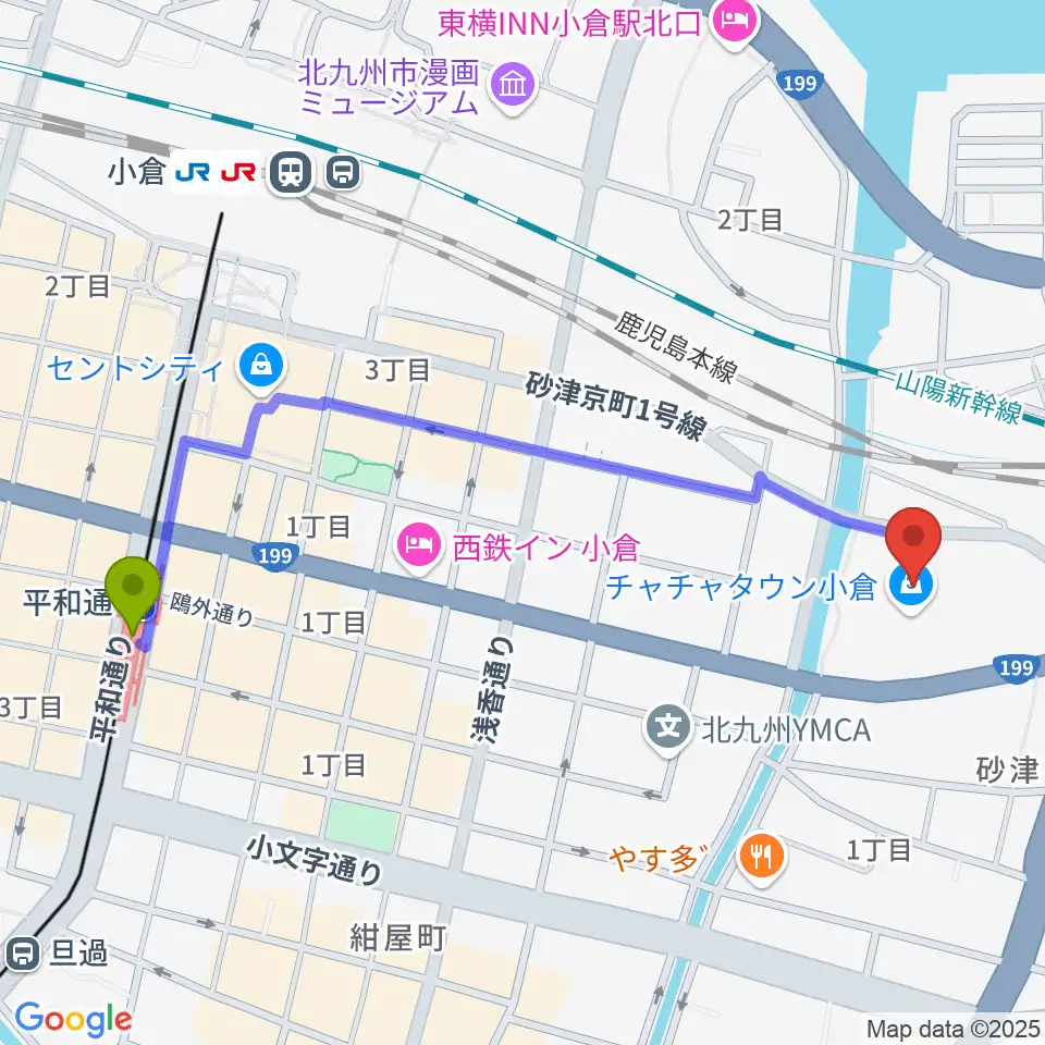 平和通駅からローソン・ユナイテッドシネマ小倉へのルートマップ地図