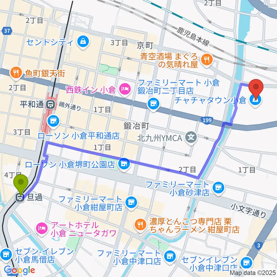 旦過駅からシネプレックス小倉へのルートマップ地図