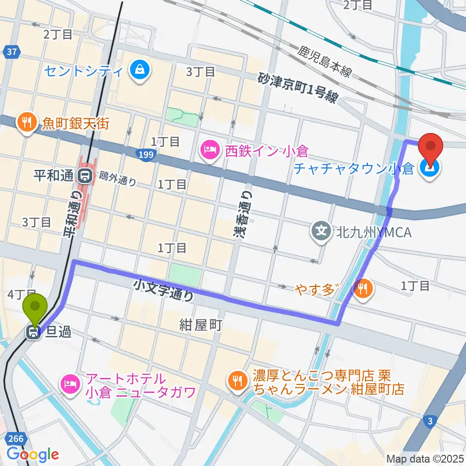 旦過駅からローソン・ユナイテッドシネマ小倉へのルートマップ地図