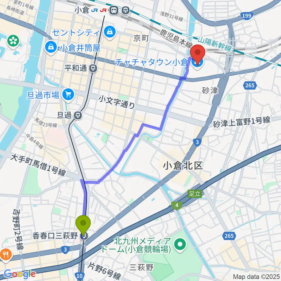 香春口三萩野駅からシネプレックス小倉へのルートマップ地図