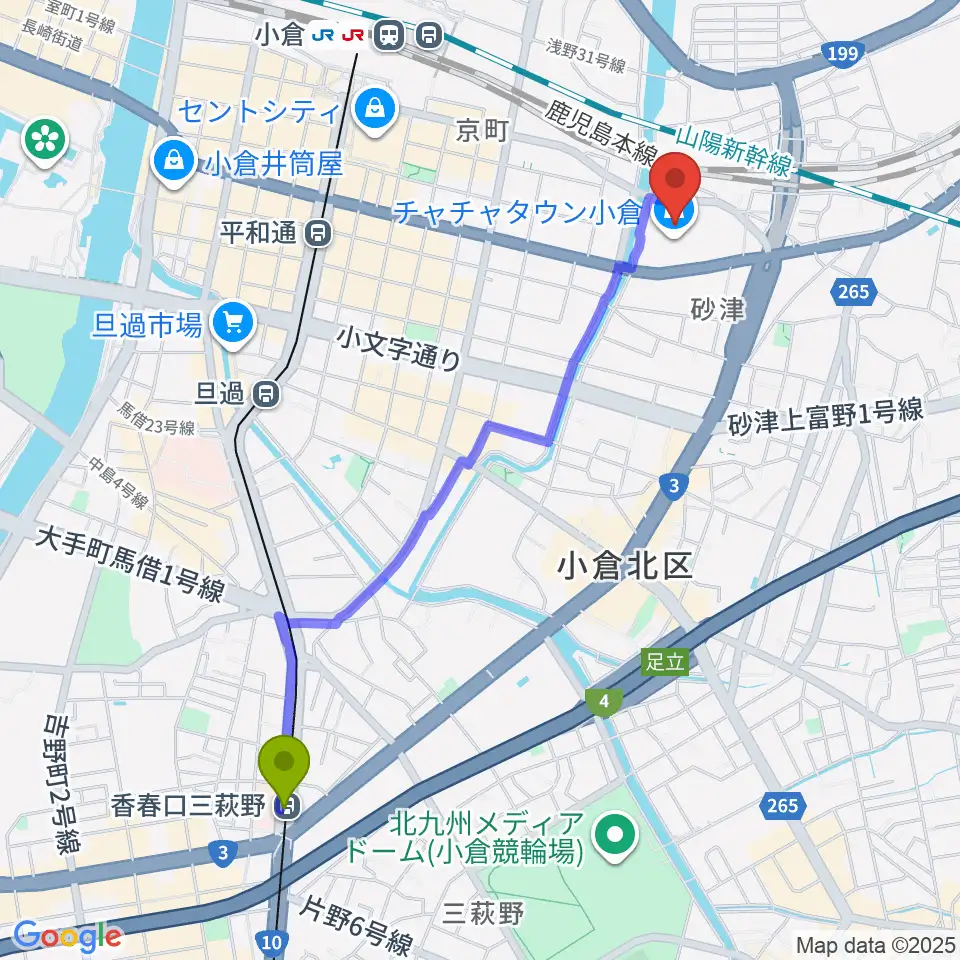 香春口三萩野駅からローソン・ユナイテッドシネマ小倉へのルートマップ地図