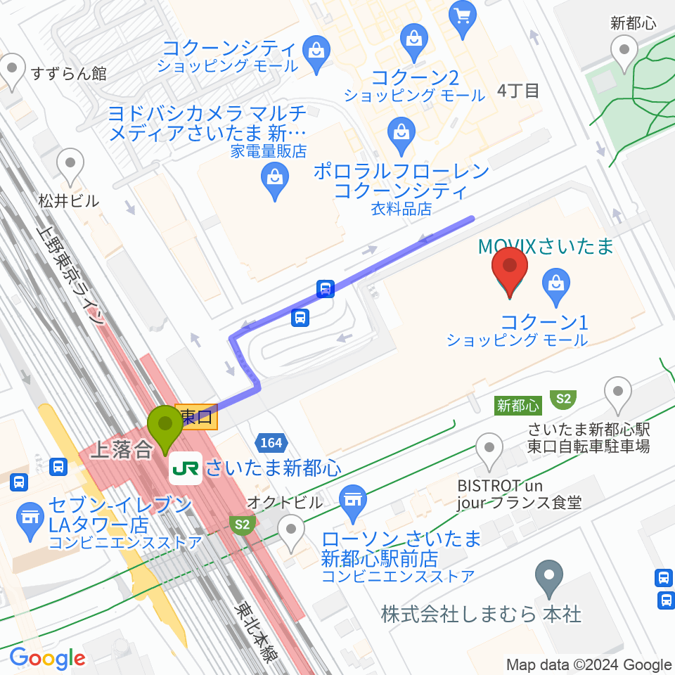 MOVIXさいたまの最寄駅さいたま新都心駅からの徒歩ルート（約4分）地図