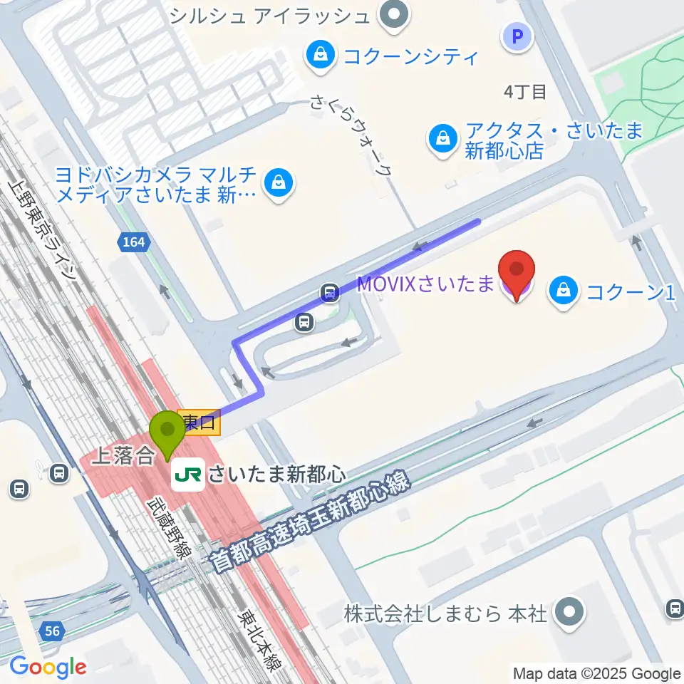 MOVIXさいたまの最寄駅さいたま新都心駅からの徒歩ルート（約4分）地図