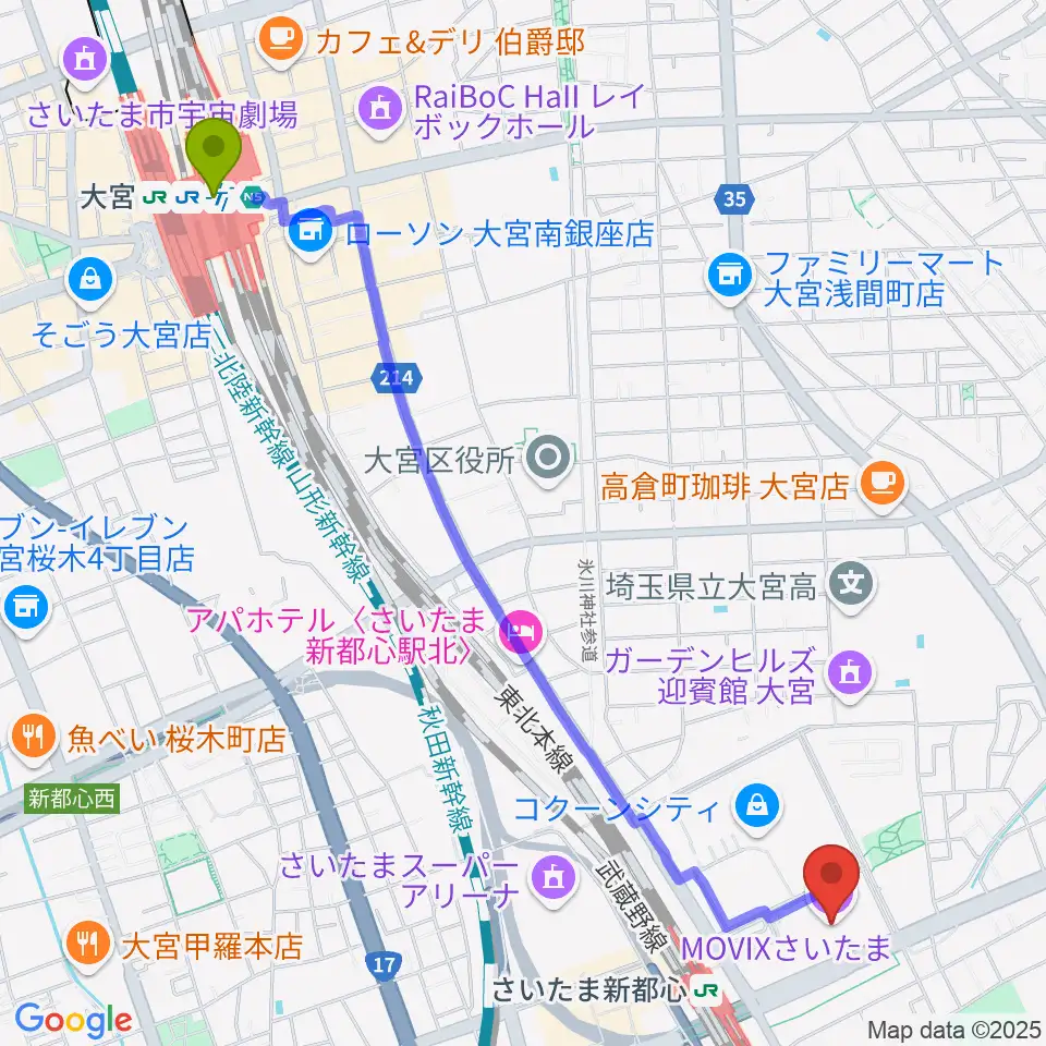 大宮駅からMOVIXさいたまへのルートマップ地図