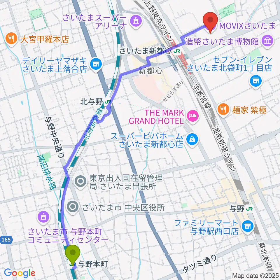 与野本町駅からMOVIXさいたまへのルートマップ地図