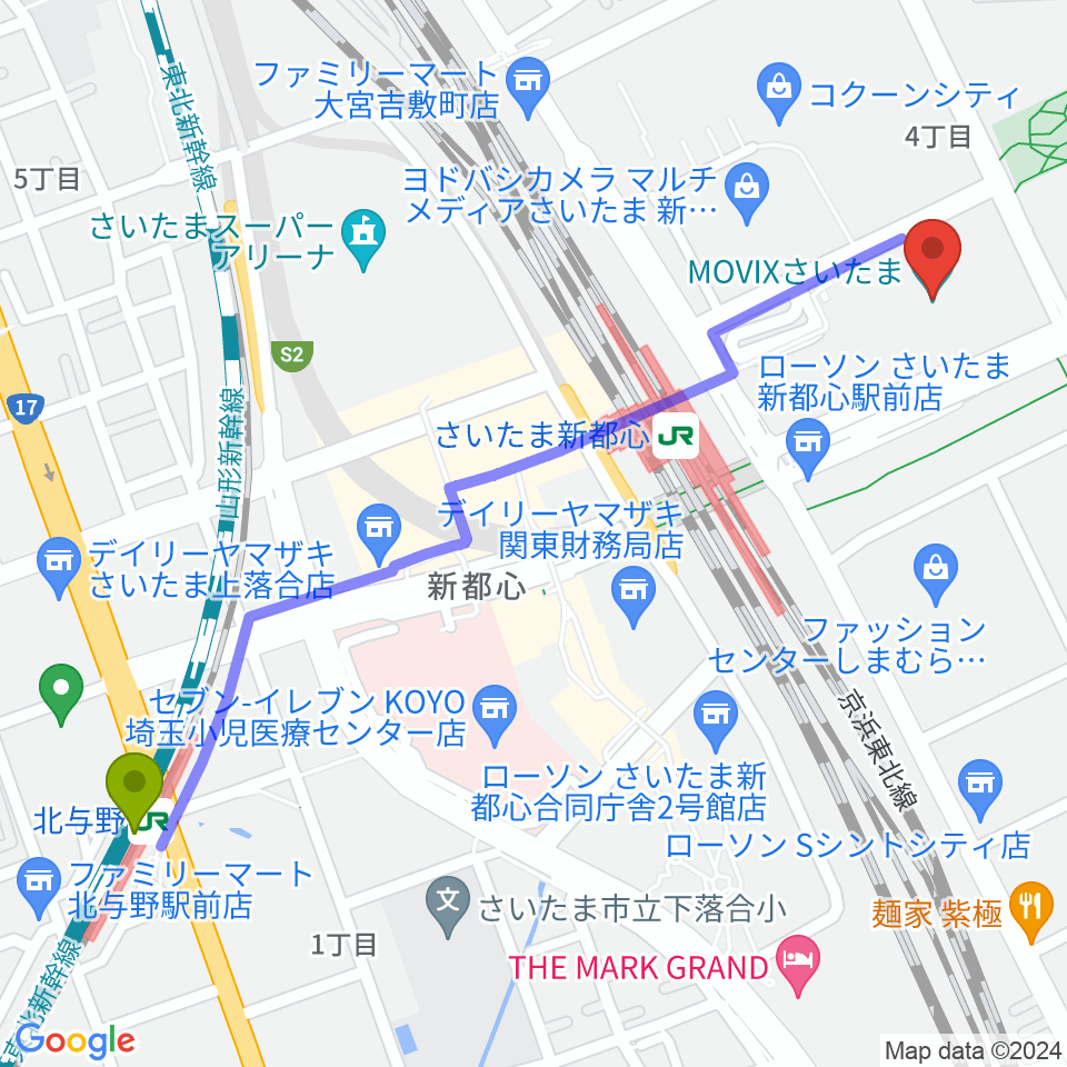 北与野駅からMOVIXさいたまへのルートマップ地図