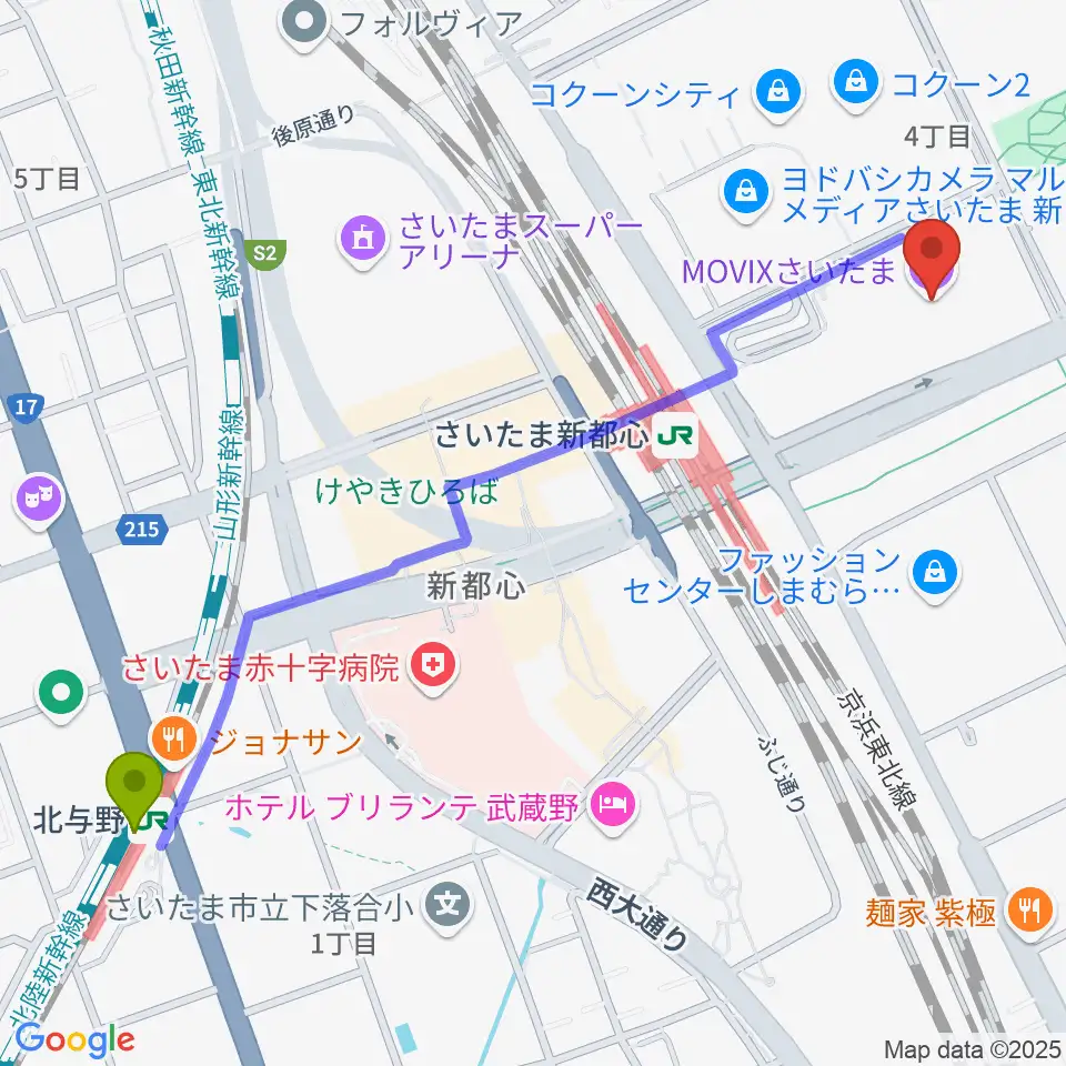 北与野駅からMOVIXさいたまへのルートマップ地図