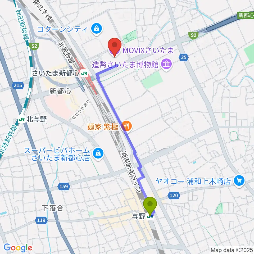 与野駅からMOVIXさいたまへのルートマップ地図