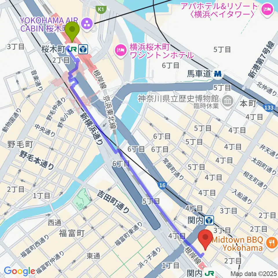 桜木町駅から月桃荘スタジオへのルートマップ地図
