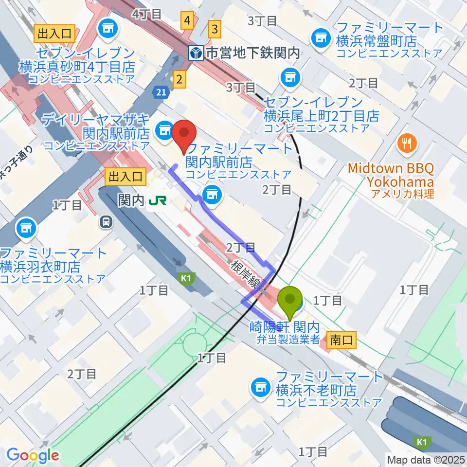 月桃荘スタジオの最寄駅関内駅からの徒歩ルート（約3分）地図